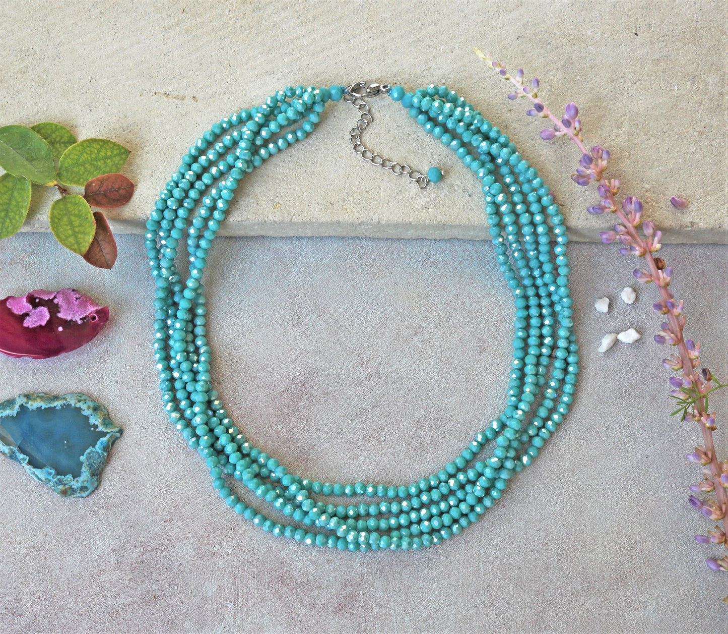 5 Strand Rondelle Blue Turquoise Crystal Necklace