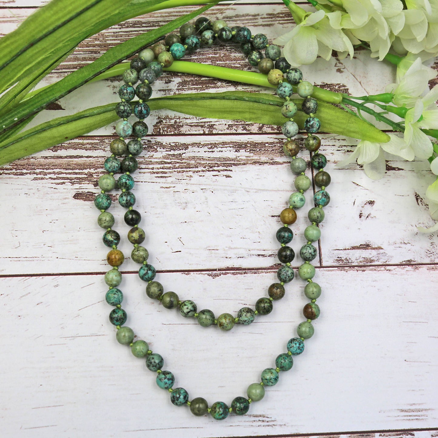 36" 8MM Polished African Turquoise Infinity Necklace