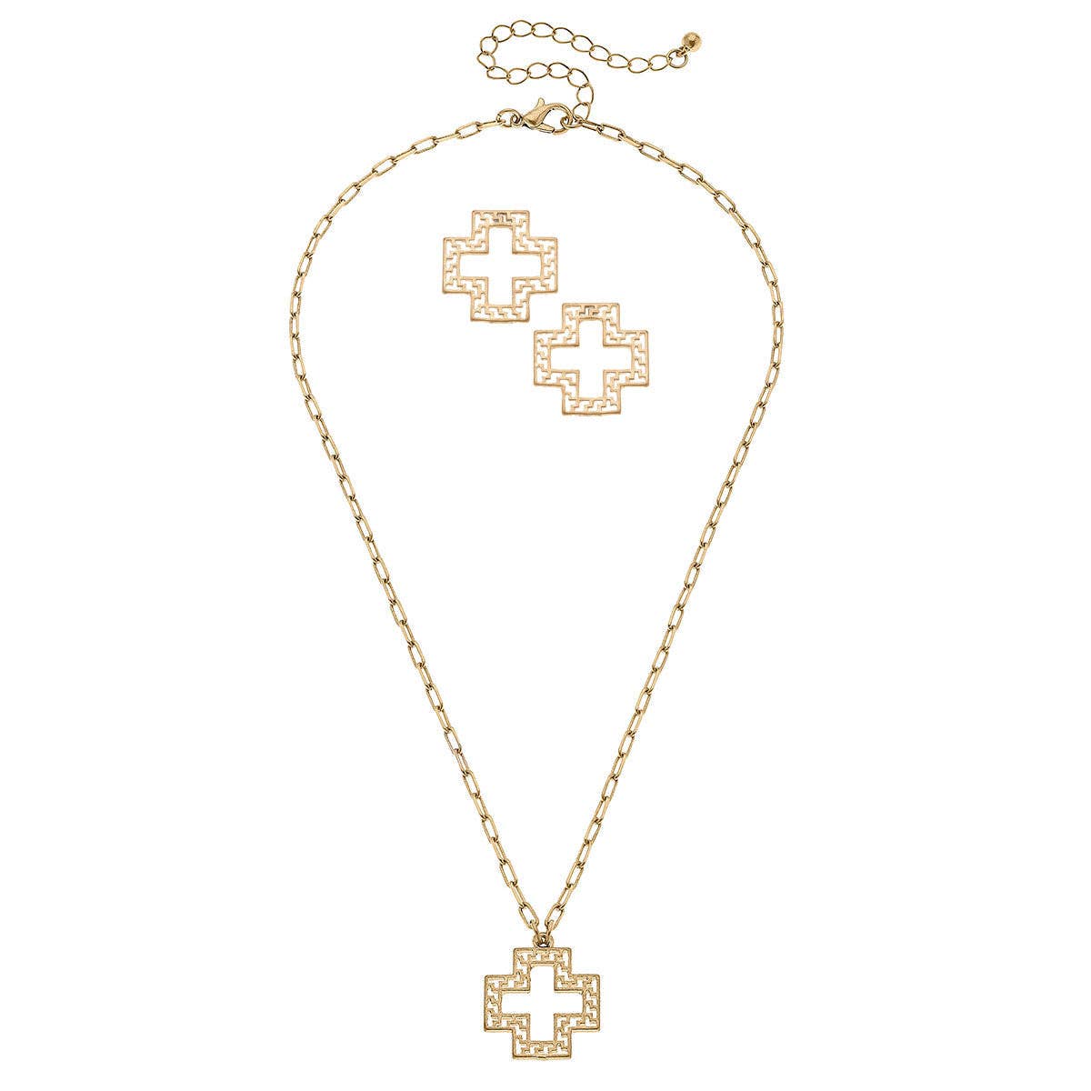 Canvas Style - Cameryn Greek Keys Cross Earring and Necklace Set