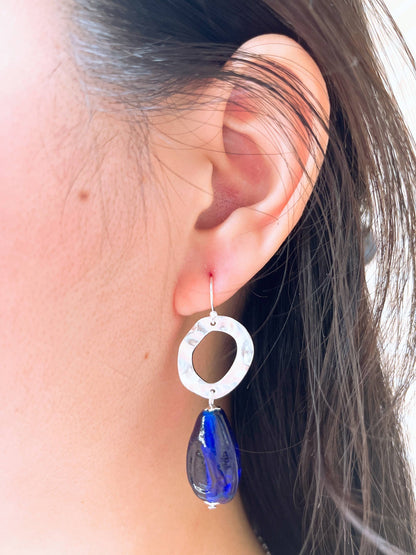 Zoey Simmons - Blue Murano Glass & Hammered Hoop Drop Earrings - SF