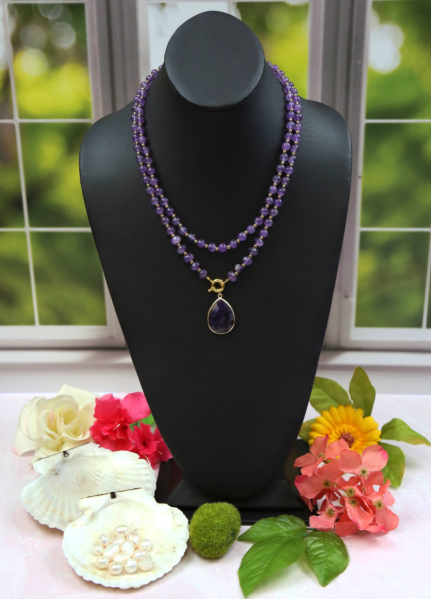 Amethyst Teardrop Pendant Necklace. Set of Two