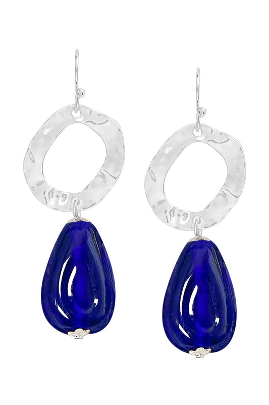 Zoey Simmons - Blue Murano Glass & Hammered Hoop Drop Earrings - SF