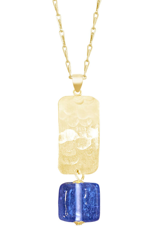 Zoey Simmons - Tanzanite Murano Glass & Hammered Rectangle Necklace - GF