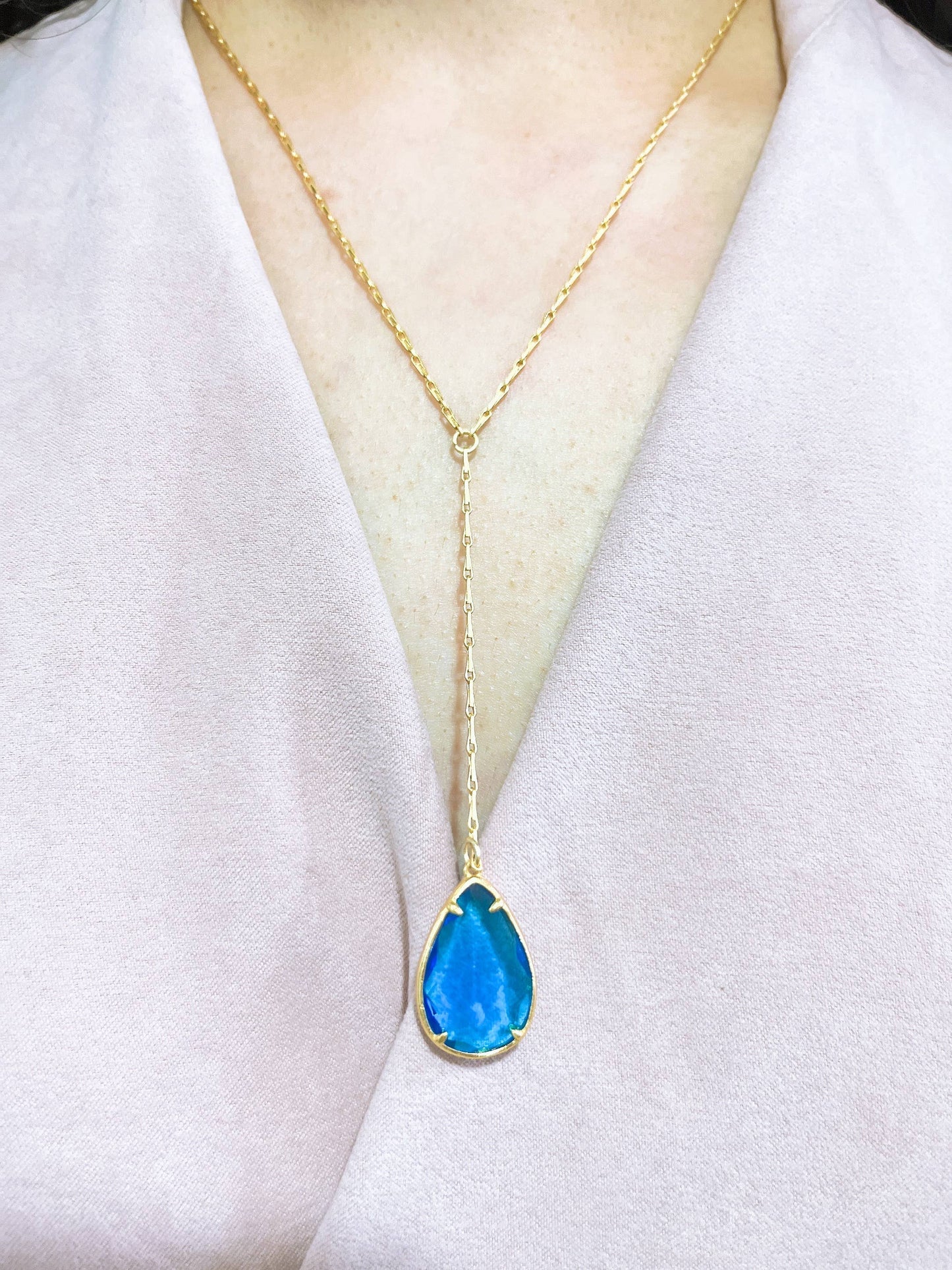 Zoey Simmons - Swiss Blue Crystal Pear Cut Y Necklace - GF