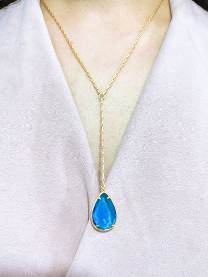 Zoey Simmons - Swiss Blue Crystal Pear Cut Y Necklace - GF